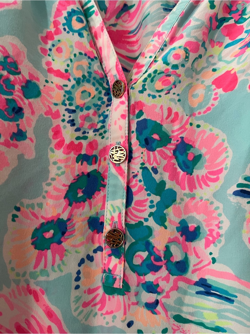 Lilly Pulitzer Pink & Aqua Floral Smocked Neck Blouse - Picture 9 of 11